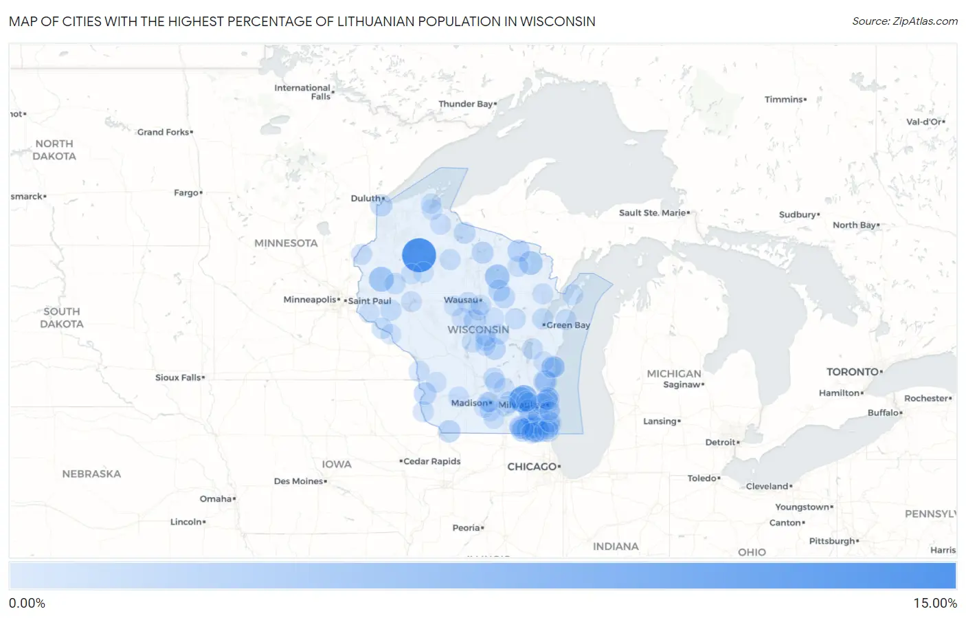 Cities with the Highest Percentage of Lithuanian Population in Wisconsin Map