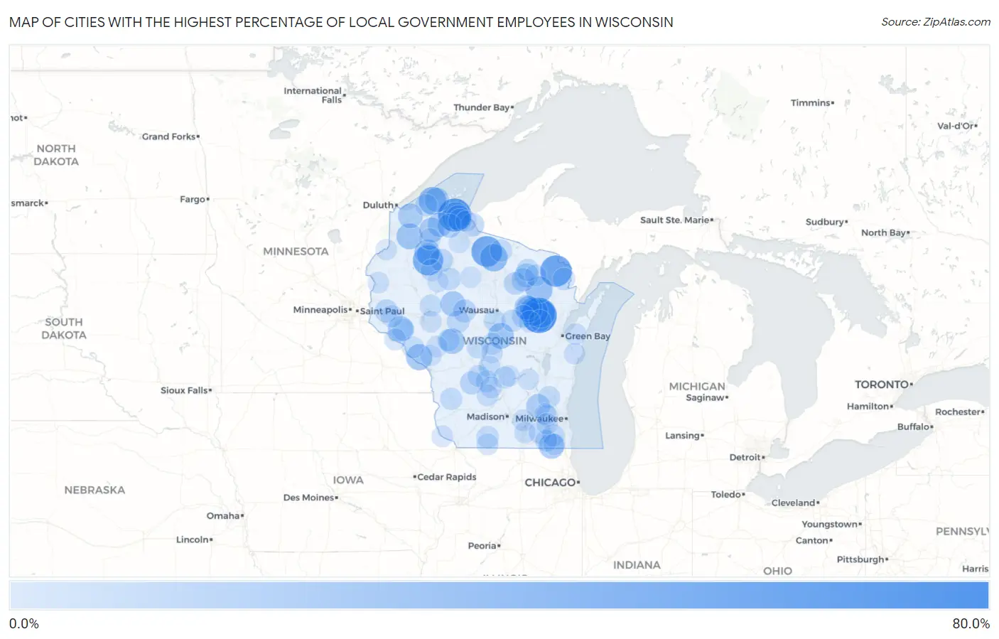 Cities with the Highest Percentage of Local Government Employees in Wisconsin Map