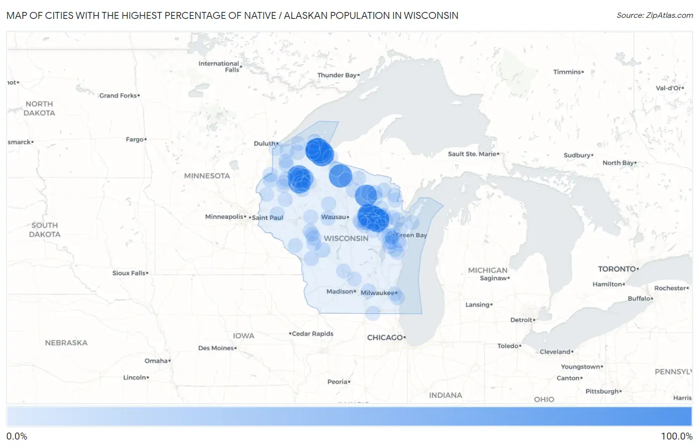 Cities with the Highest Percentage of Native / Alaskan Population in Wisconsin Map