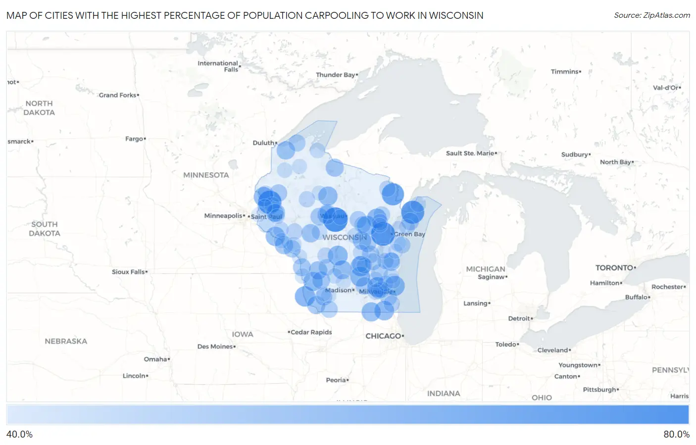 Cities with the Highest Percentage of Population Carpooling to Work in Wisconsin Map