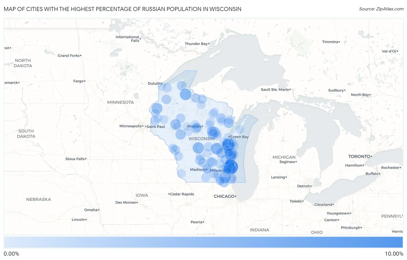 Cities with the Highest Percentage of Russian Population in Wisconsin Map