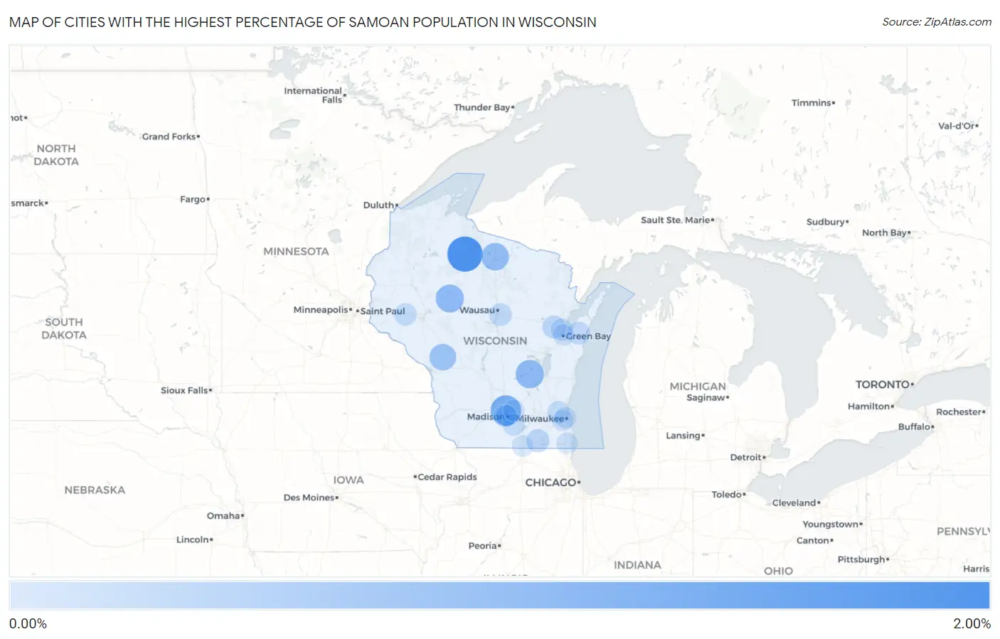 Cities with the Highest Percentage of Samoan Population in Wisconsin Map