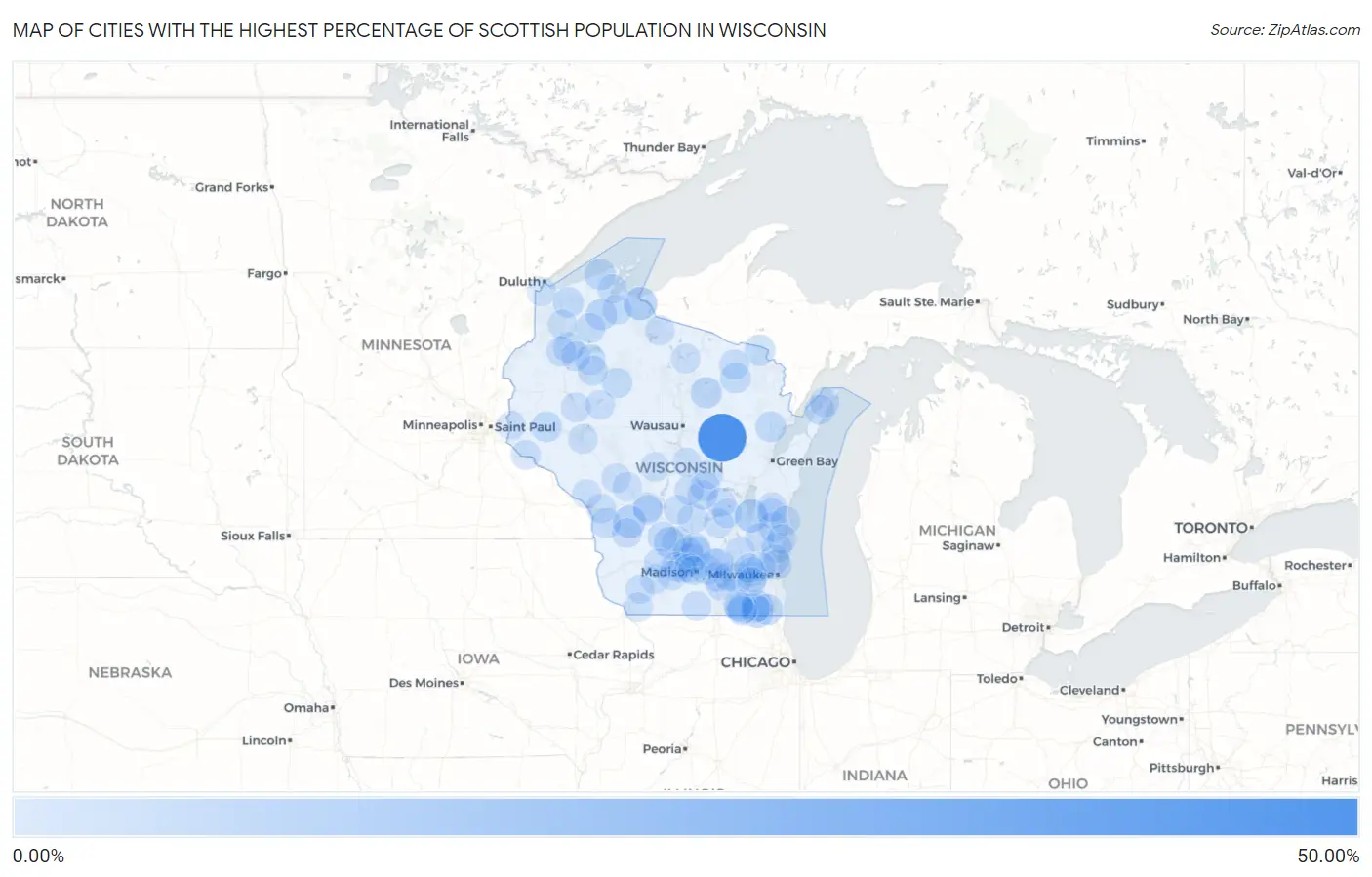 Cities with the Highest Percentage of Scottish Population in Wisconsin Map