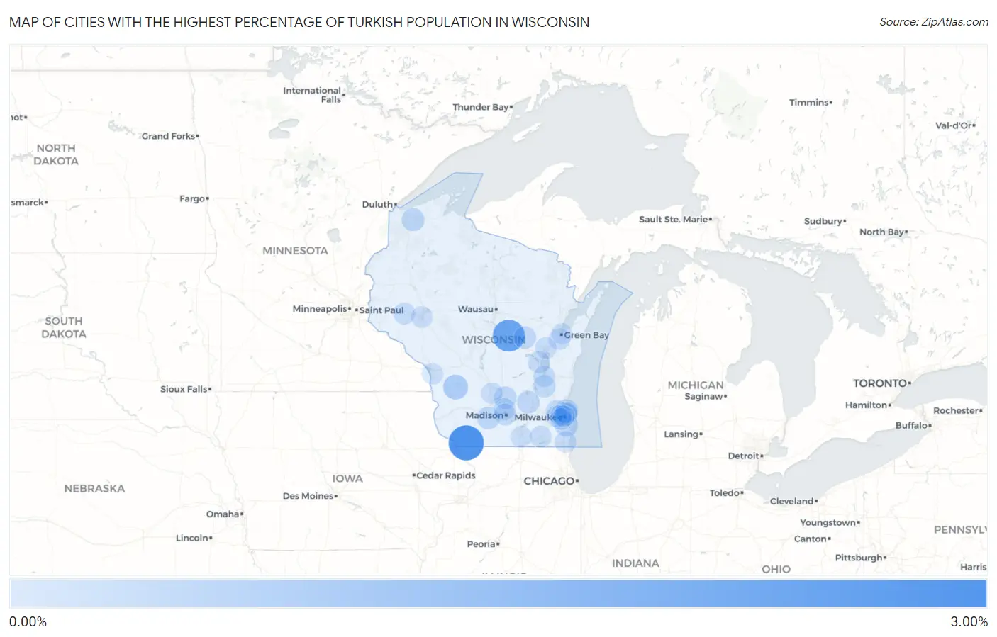 Cities with the Highest Percentage of Turkish Population in Wisconsin Map