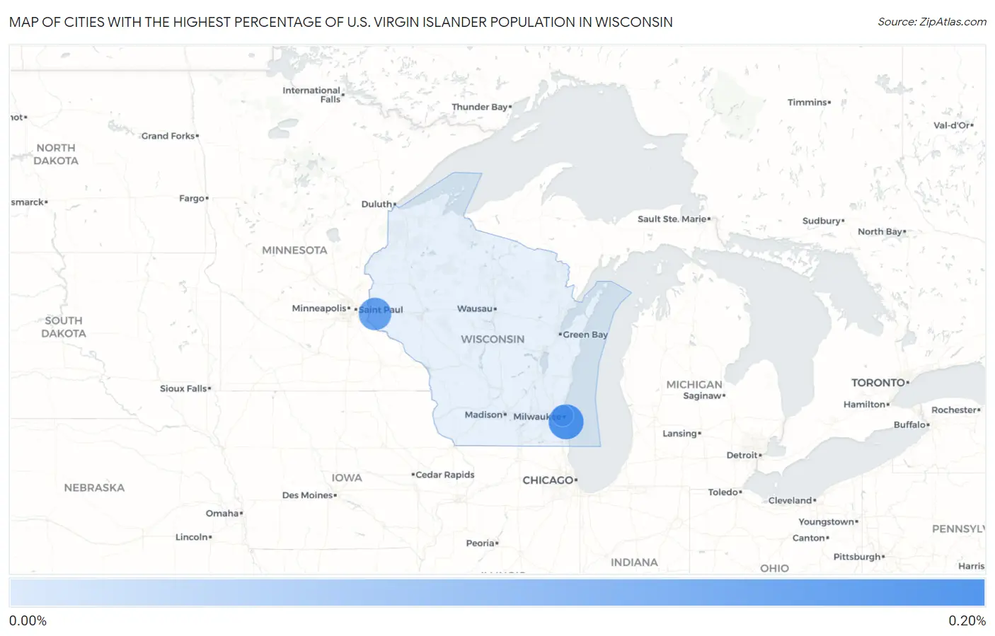 Cities with the Highest Percentage of U.S. Virgin Islander Population in Wisconsin Map