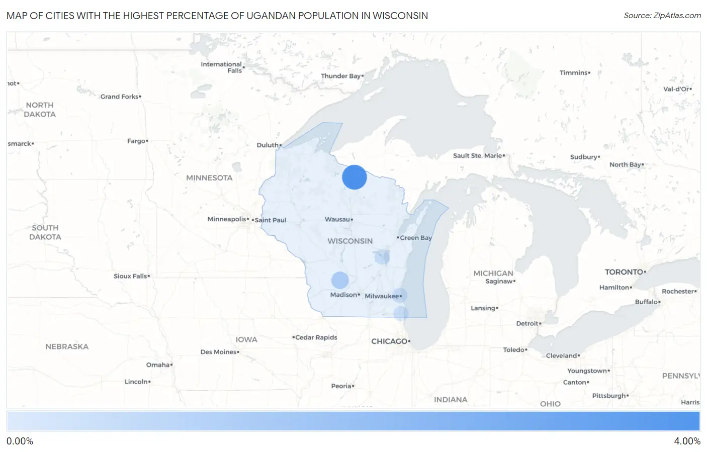 Cities with the Highest Percentage of Ugandan Population in Wisconsin Map