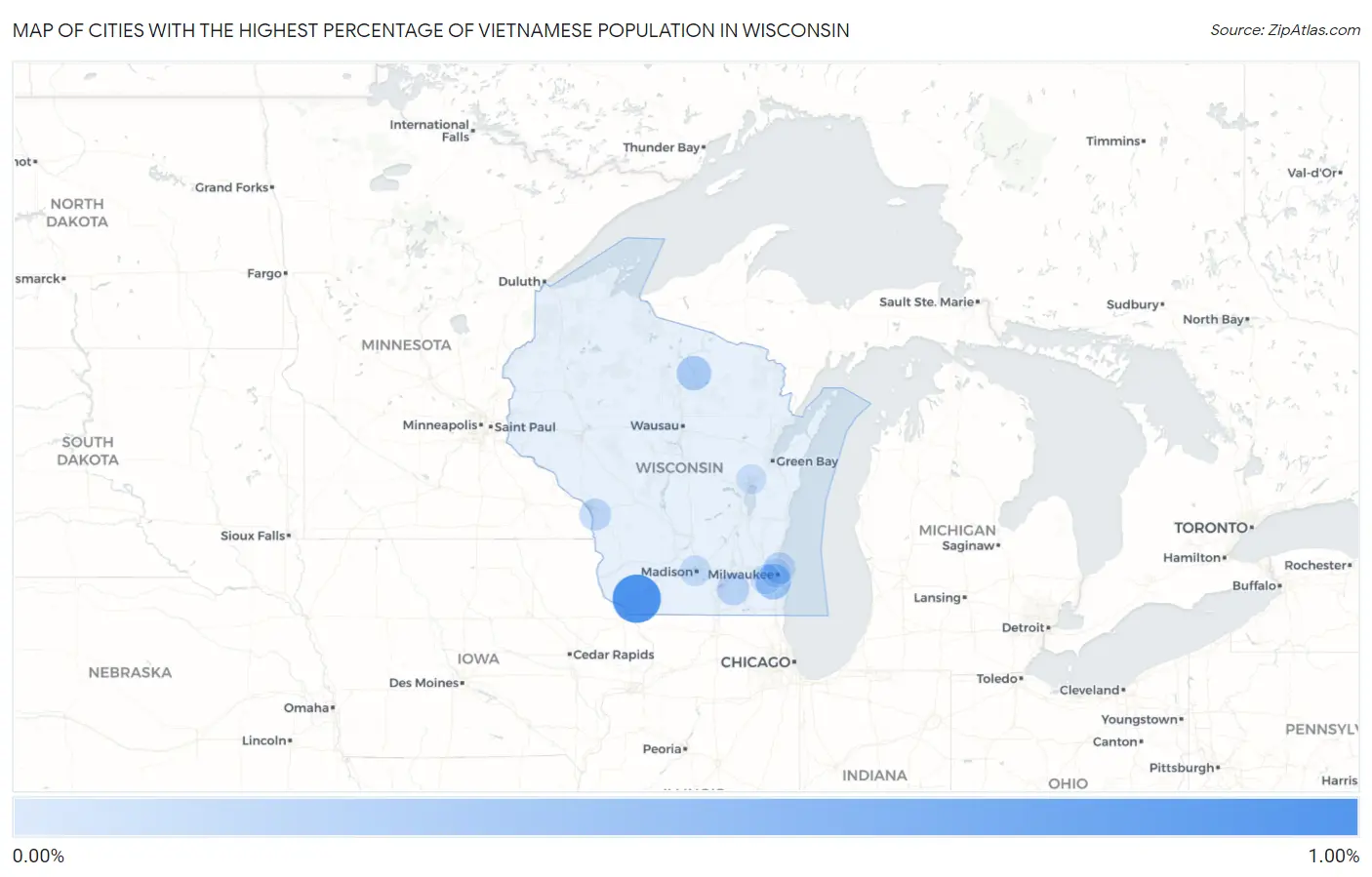 Cities with the Highest Percentage of Vietnamese Population in Wisconsin Map