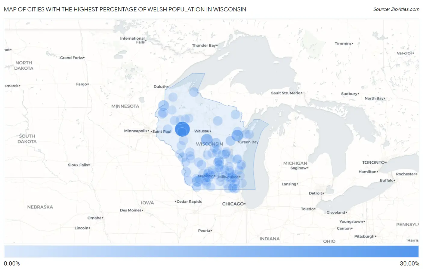 Cities with the Highest Percentage of Welsh Population in Wisconsin Map