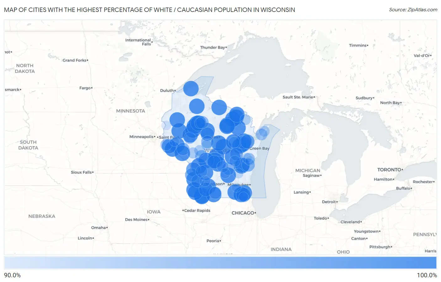 Cities with the Highest Percentage of White / Caucasian Population in Wisconsin Map