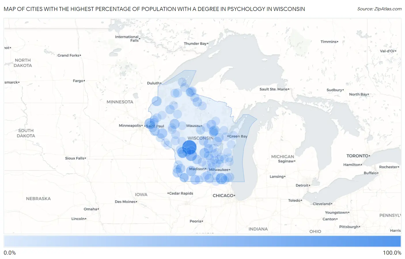 Cities with the Highest Percentage of Population with a Degree in Psychology in Wisconsin Map