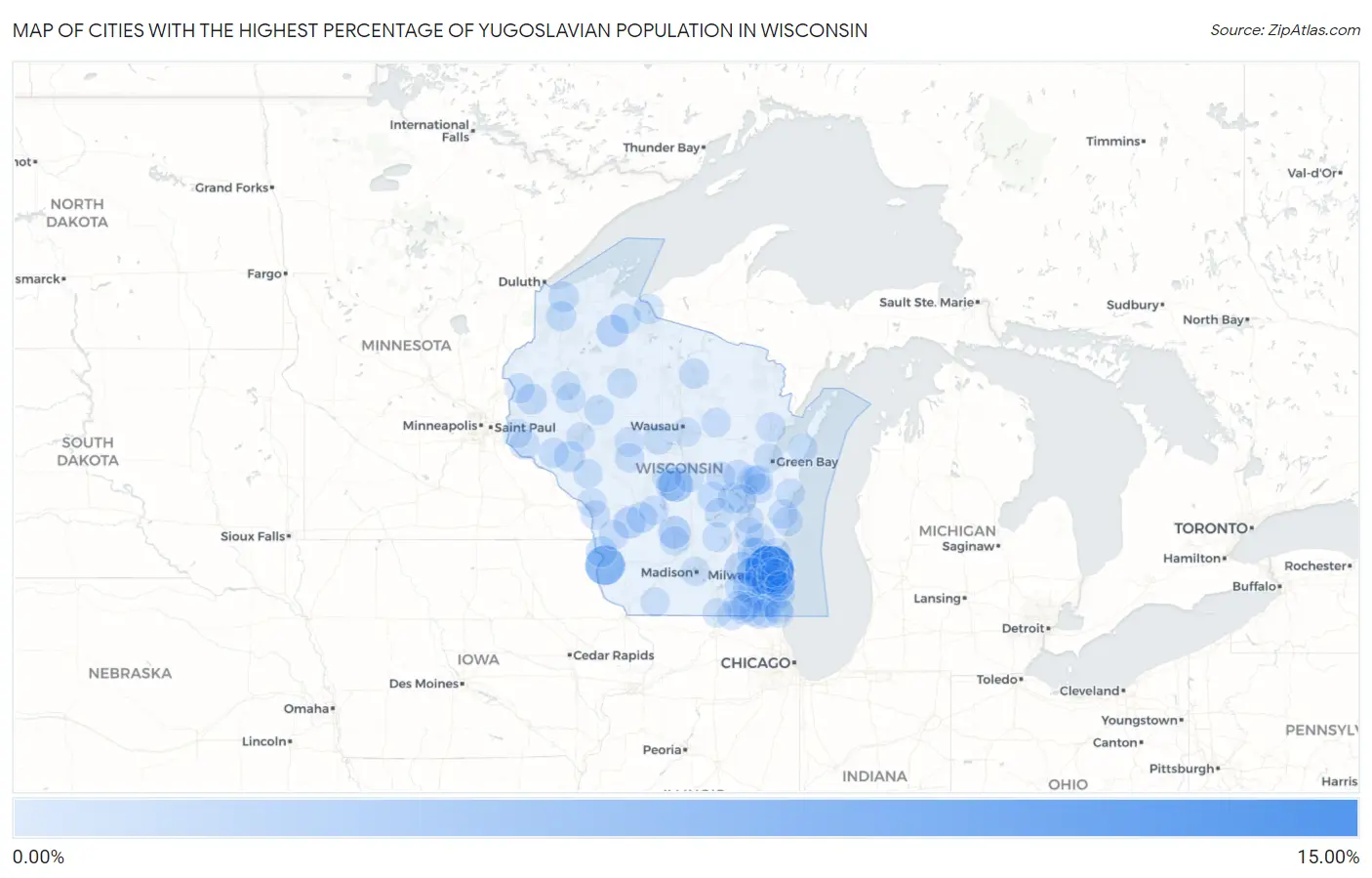 Cities with the Highest Percentage of Yugoslavian Population in Wisconsin Map