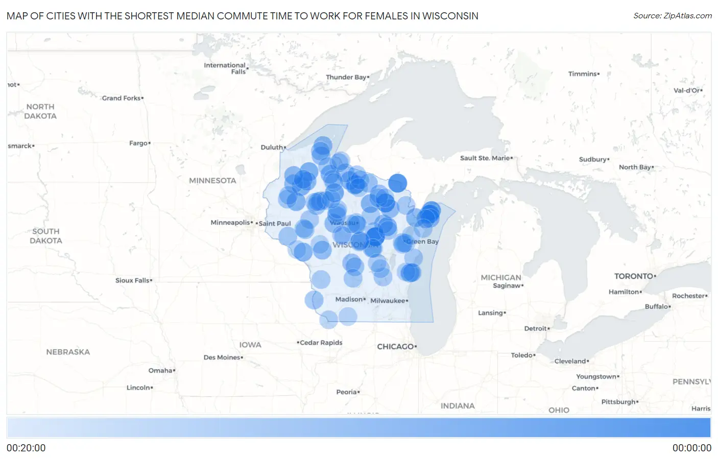 Cities with the Shortest Median Commute Time to Work for Females in Wisconsin Map