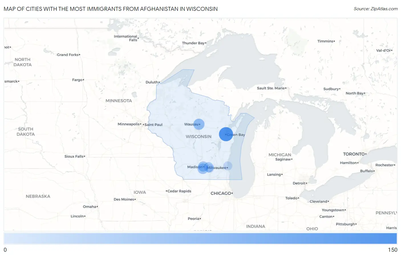 Cities with the Most Immigrants from Afghanistan in Wisconsin Map
