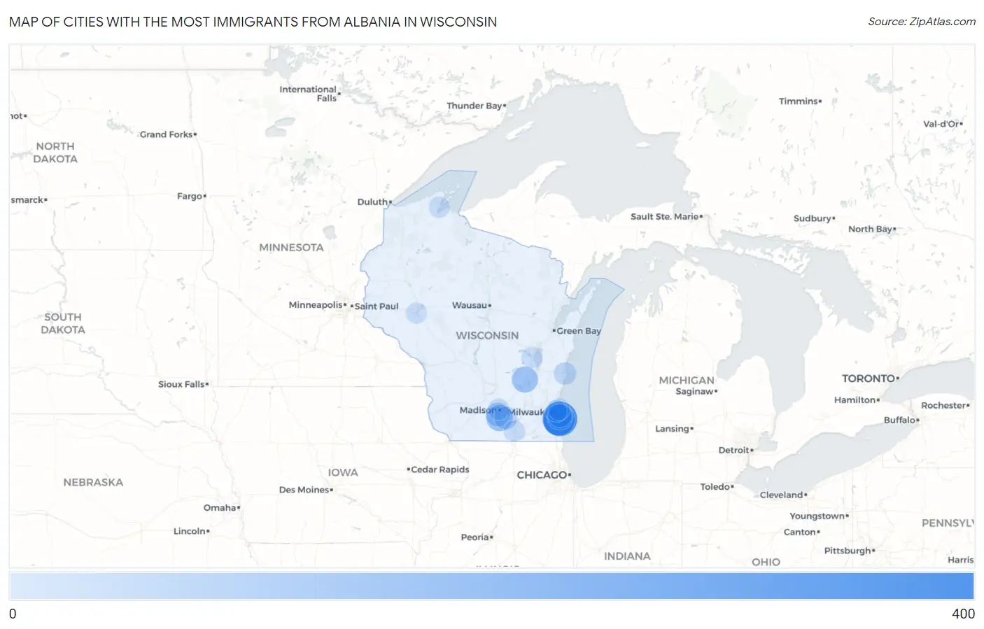 Cities with the Most Immigrants from Albania in Wisconsin Map