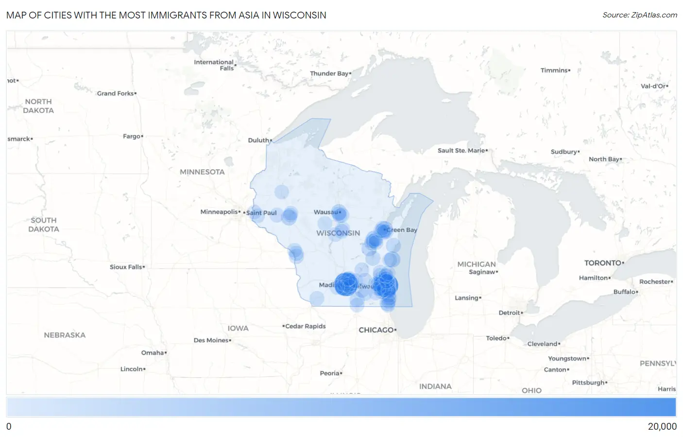 Cities with the Most Immigrants from Asia in Wisconsin Map