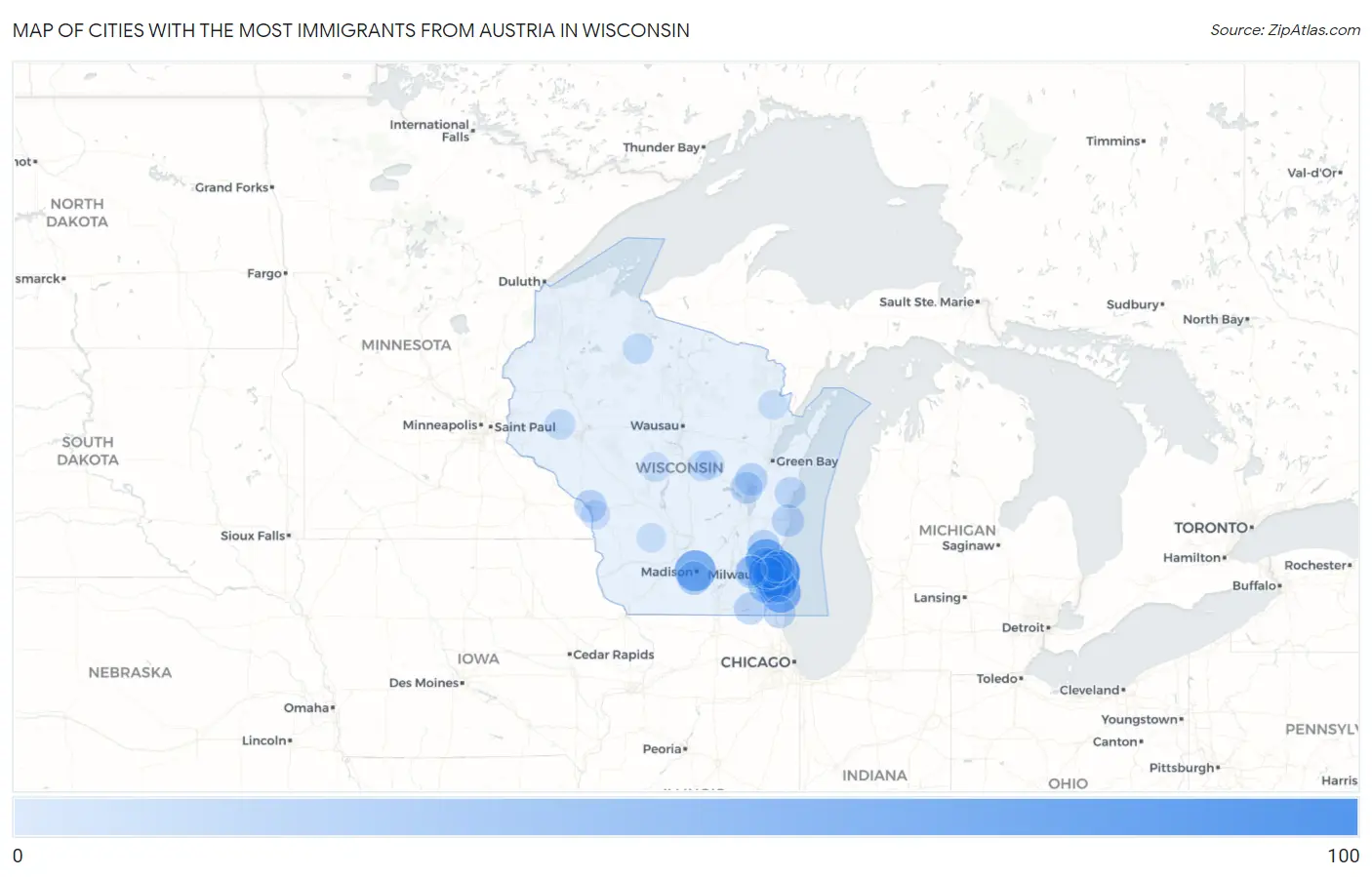 Cities with the Most Immigrants from Austria in Wisconsin Map
