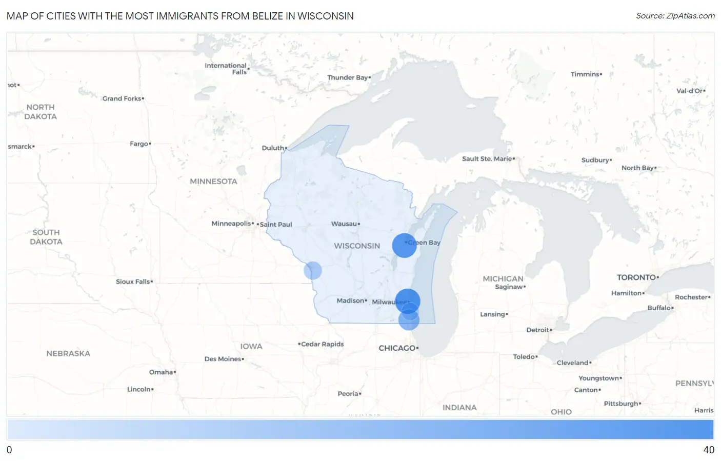 Cities with the Most Immigrants from Belize in Wisconsin Map