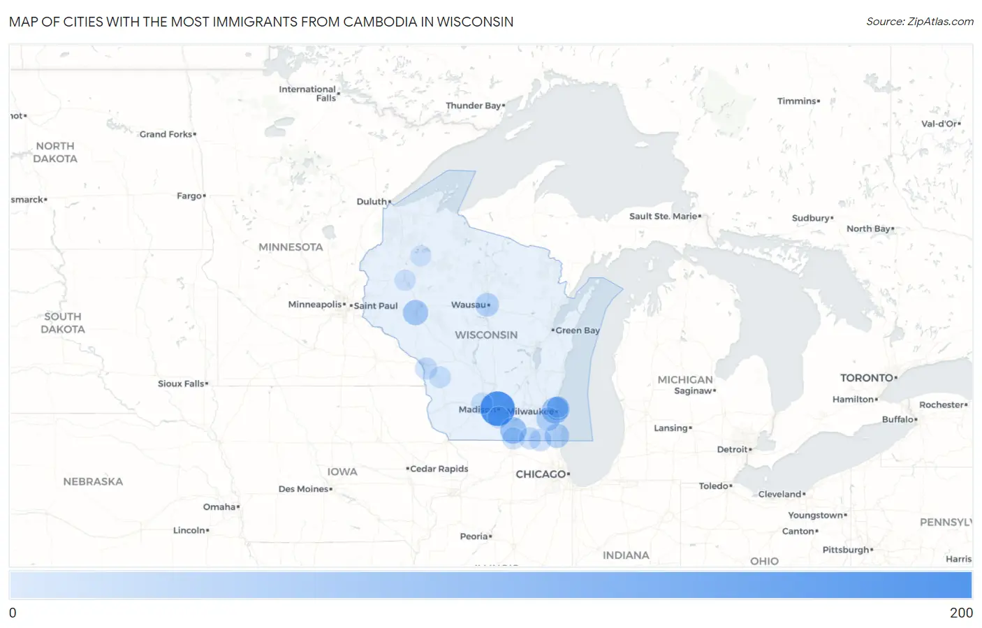Cities with the Most Immigrants from Cambodia in Wisconsin Map