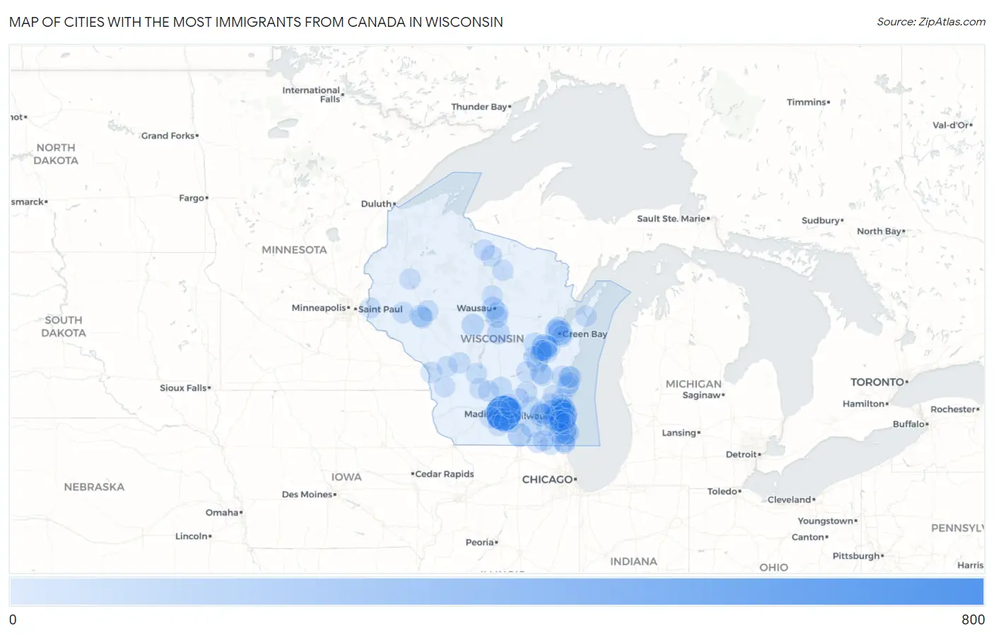 Cities with the Most Immigrants from Canada in Wisconsin Map