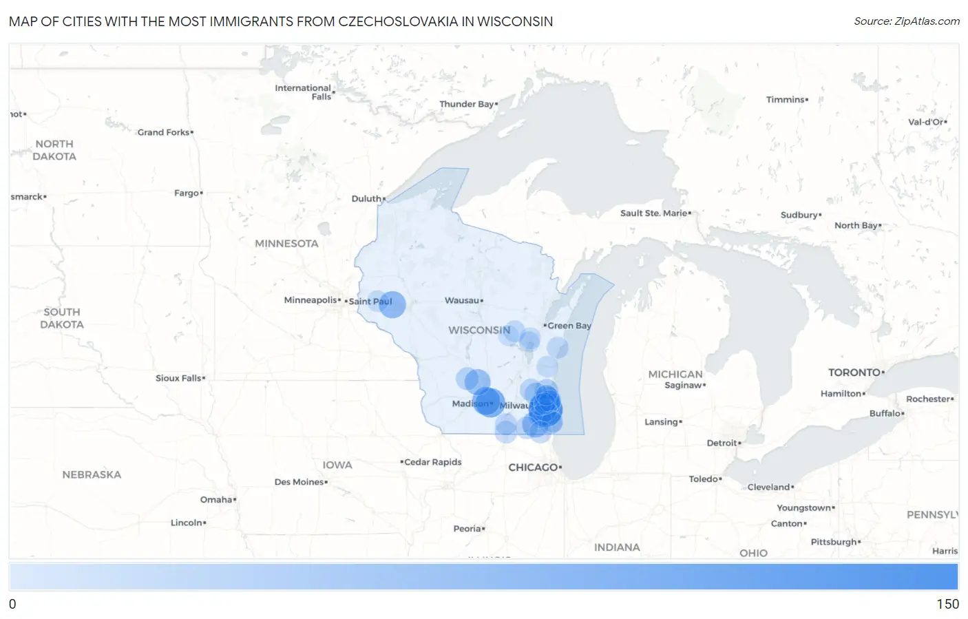 Cities with the Most Immigrants from Czechoslovakia in Wisconsin Map