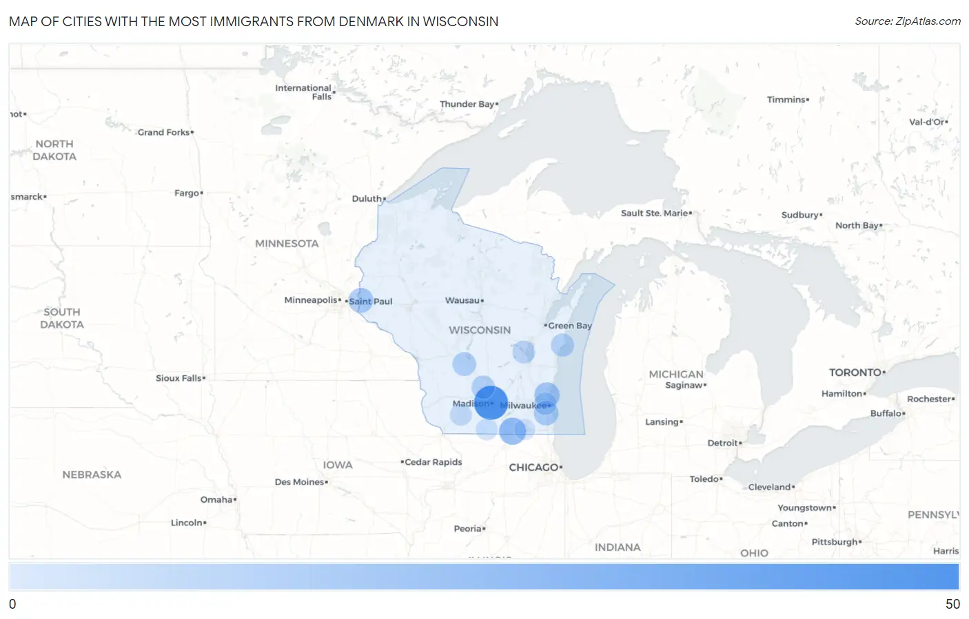 Cities with the Most Immigrants from Denmark in Wisconsin Map