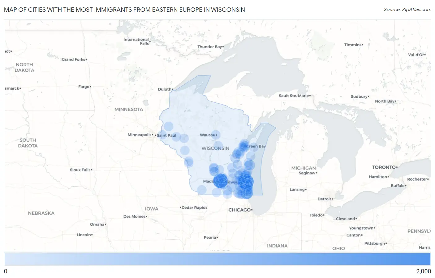 Cities with the Most Immigrants from Eastern Europe in Wisconsin Map
