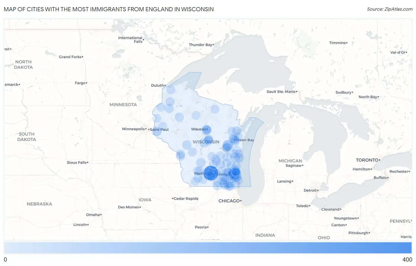 Cities with the Most Immigrants from England in Wisconsin Map