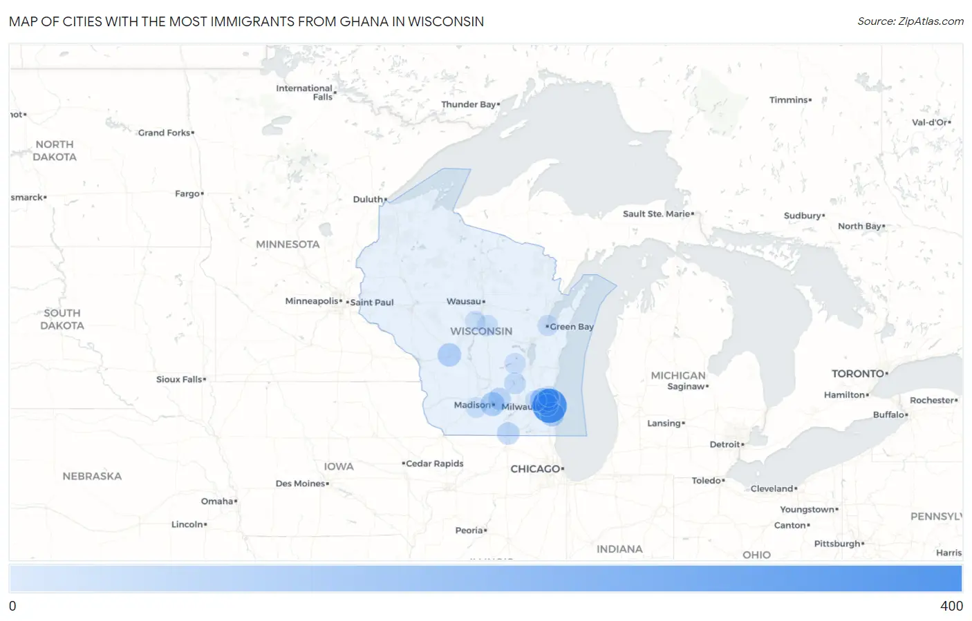 Cities with the Most Immigrants from Ghana in Wisconsin Map