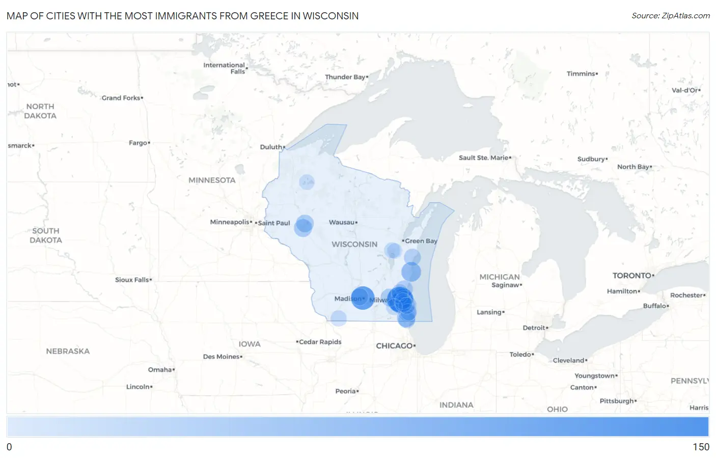 Cities with the Most Immigrants from Greece in Wisconsin Map