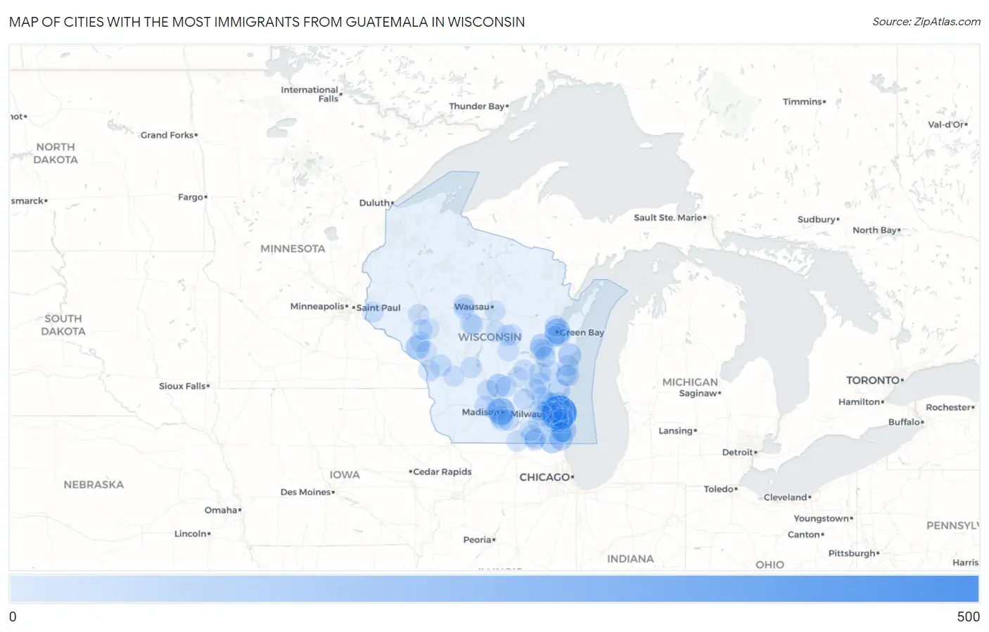 Cities with the Most Immigrants from Guatemala in Wisconsin Map