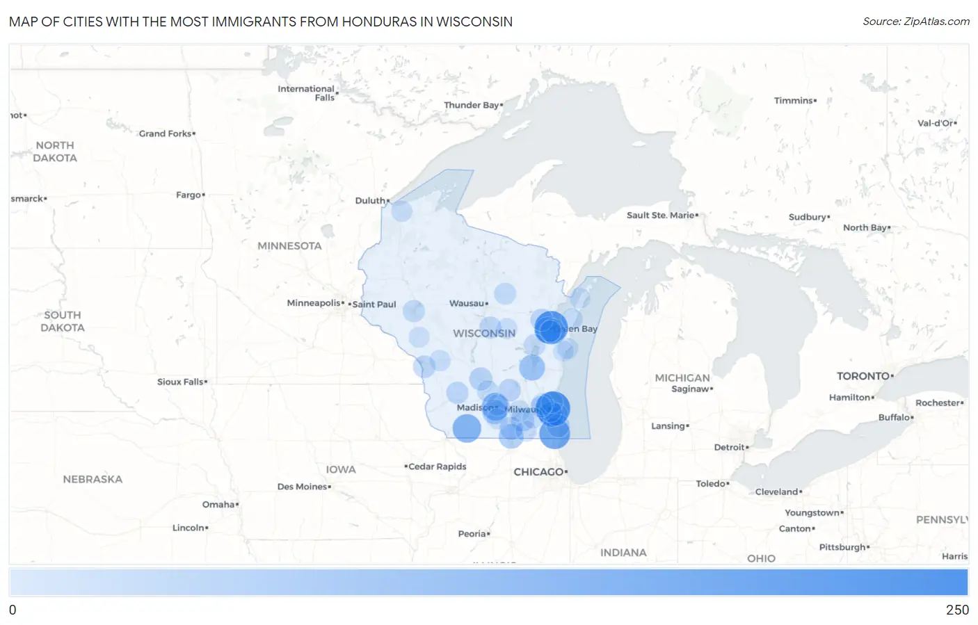 Cities with the Most Immigrants from Honduras in Wisconsin Map
