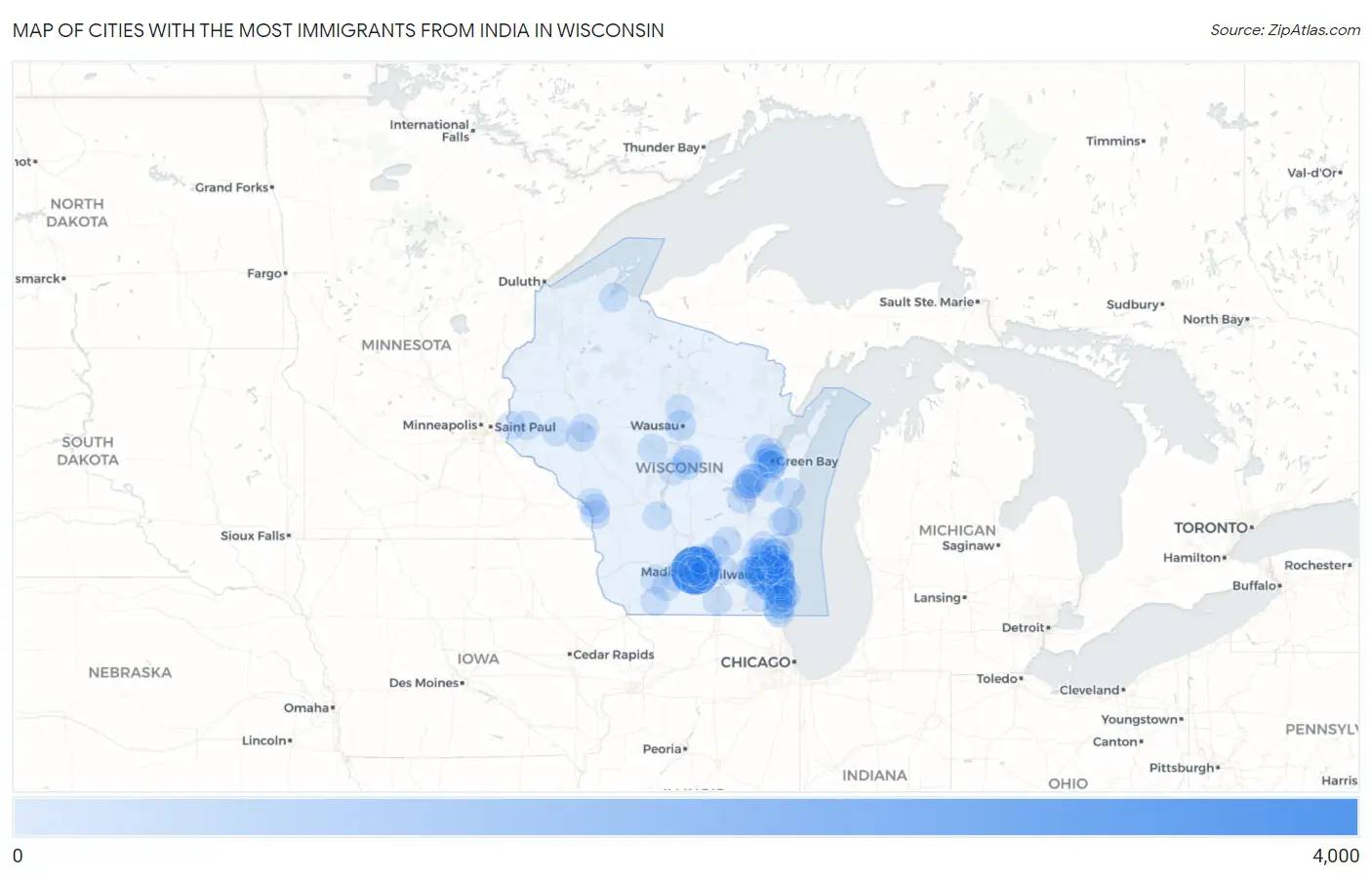 Cities with the Most Immigrants from India in Wisconsin Map