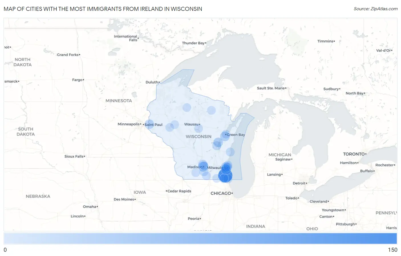 Cities with the Most Immigrants from Ireland in Wisconsin Map