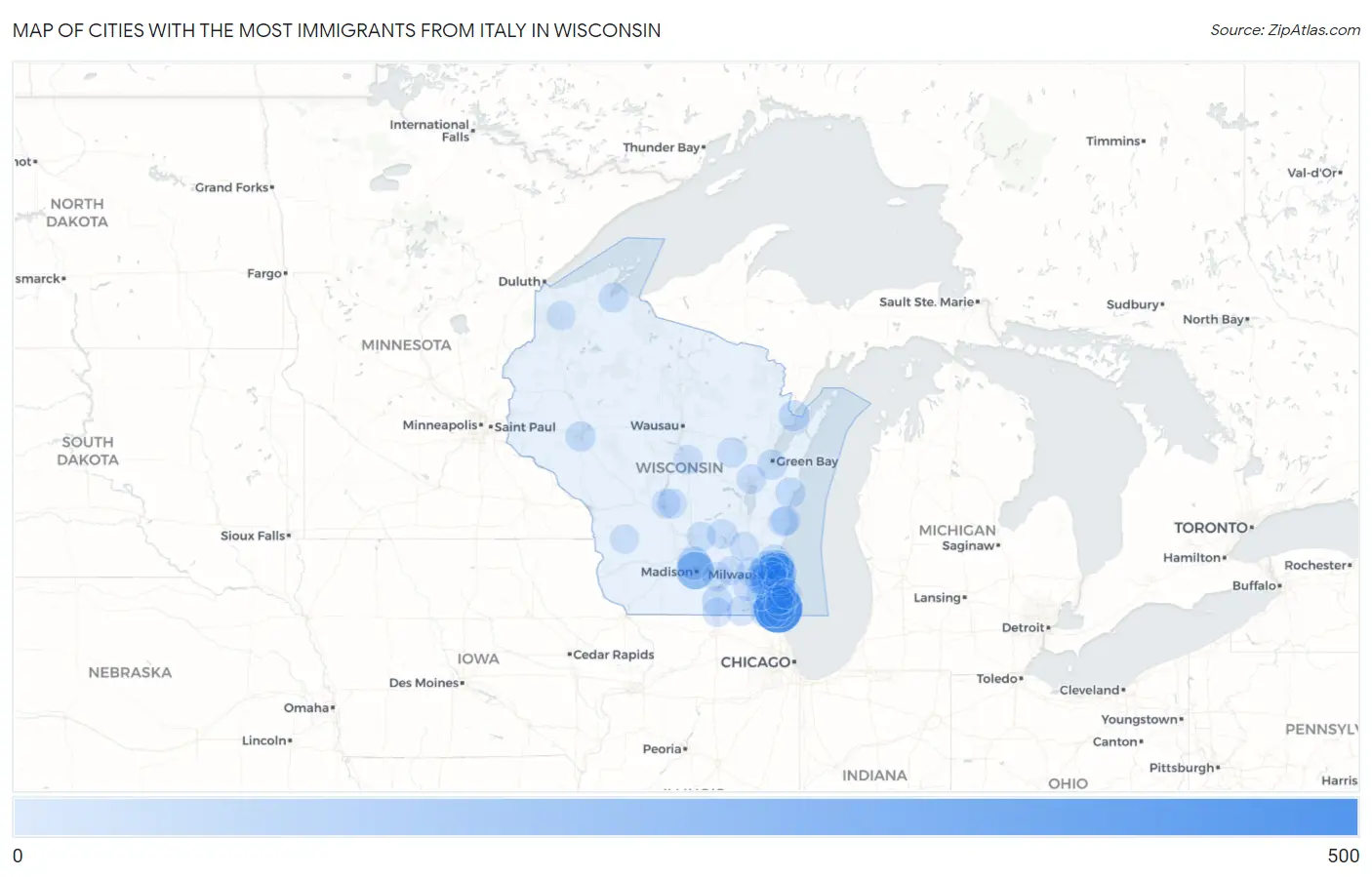 Cities with the Most Immigrants from Italy in Wisconsin Map