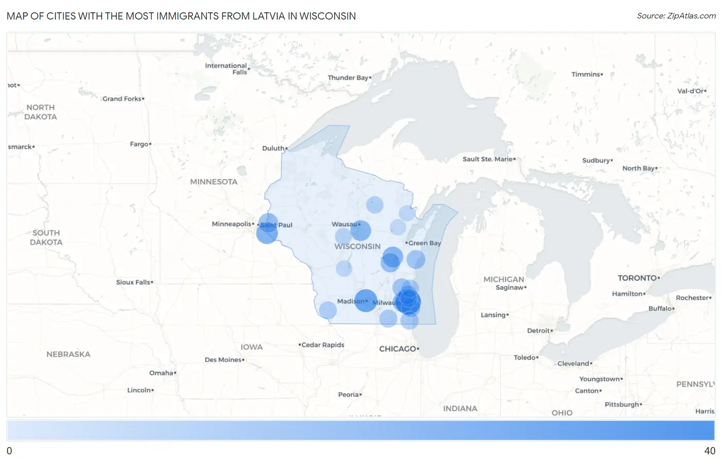 Cities with the Most Immigrants from Latvia in Wisconsin Map