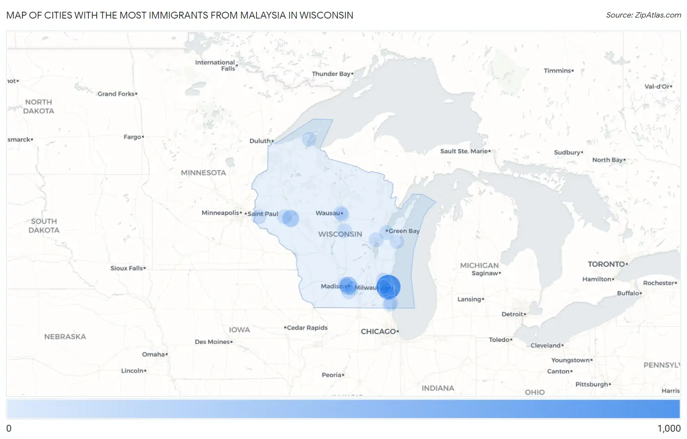 Cities with the Most Immigrants from Malaysia in Wisconsin Map
