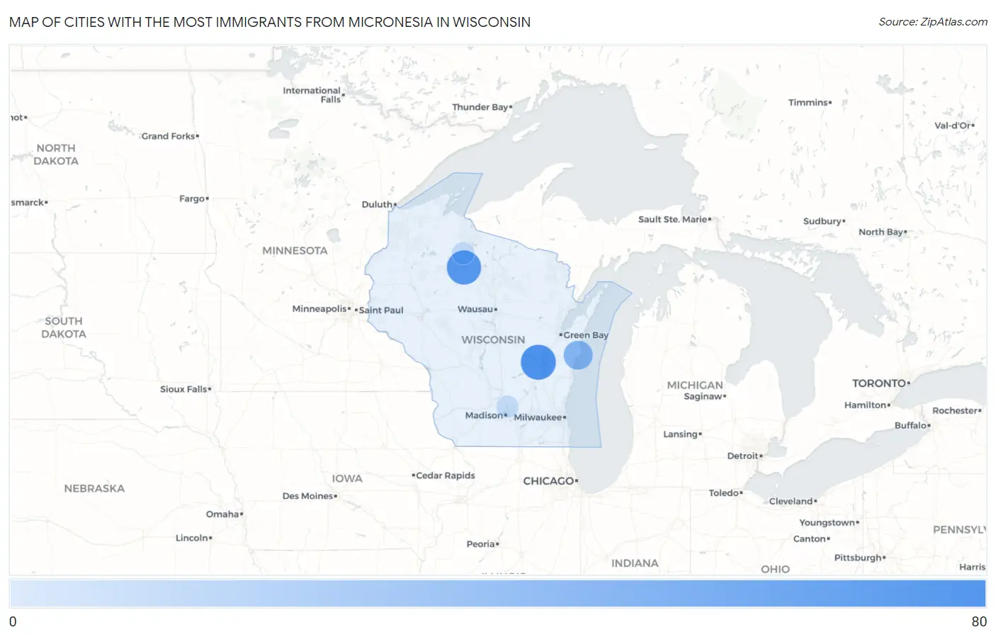 Cities with the Most Immigrants from Micronesia in Wisconsin Map