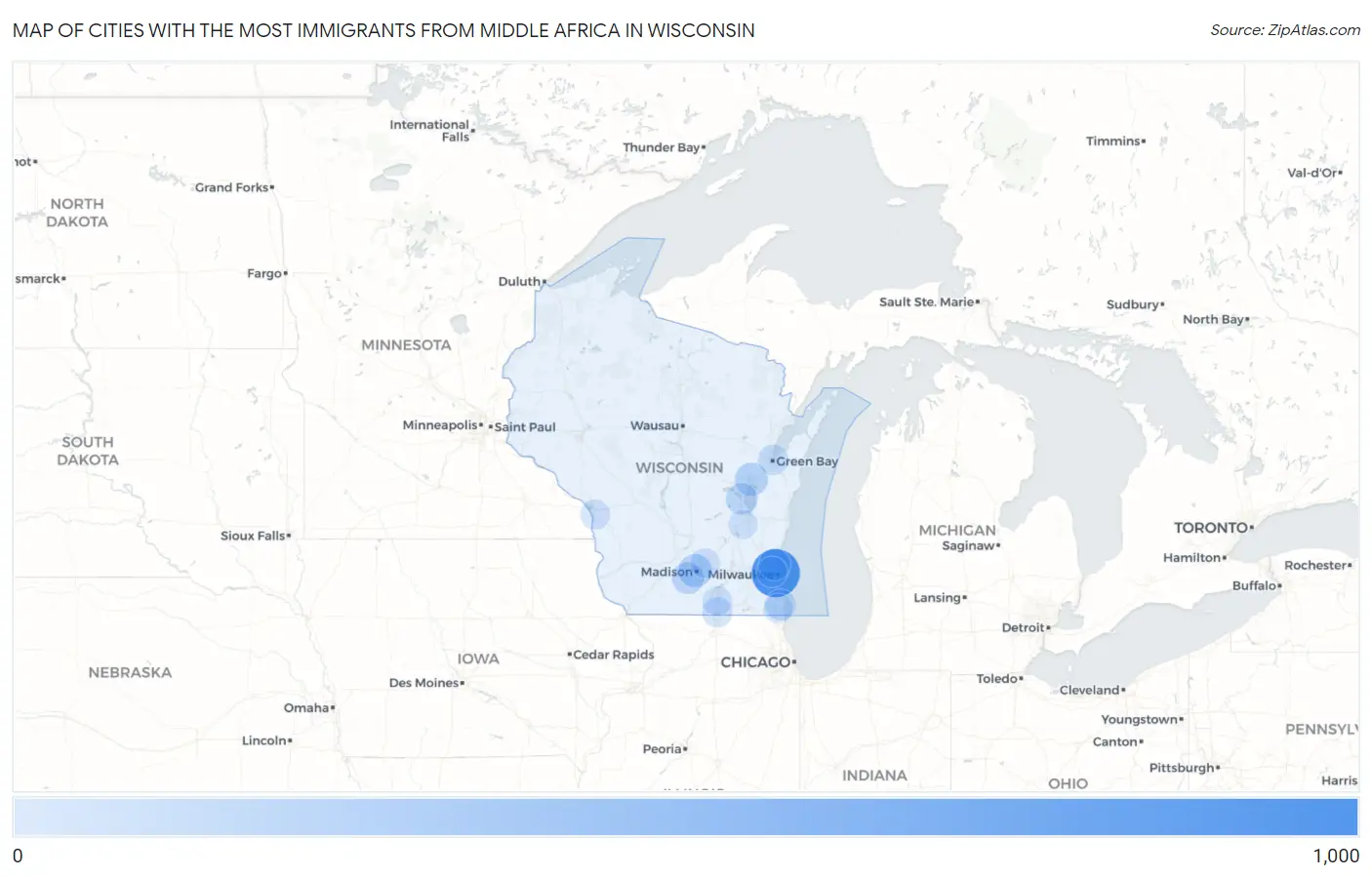 Cities with the Most Immigrants from Middle Africa in Wisconsin Map