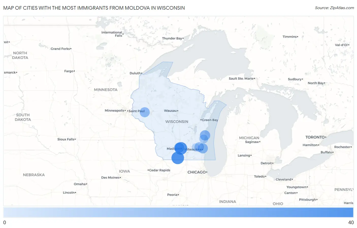 Cities with the Most Immigrants from Moldova in Wisconsin Map