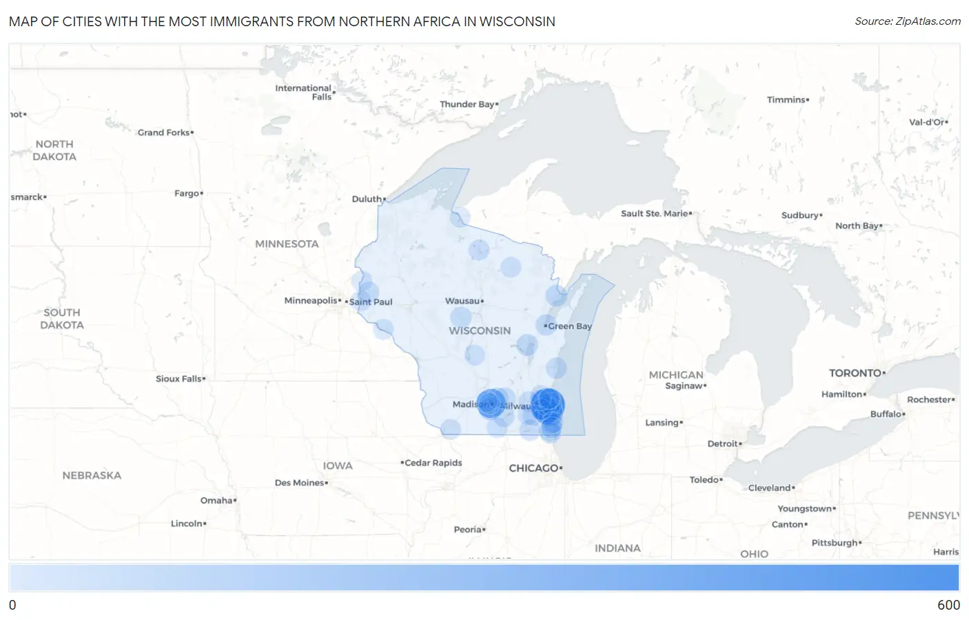 Cities with the Most Immigrants from Northern Africa in Wisconsin Map