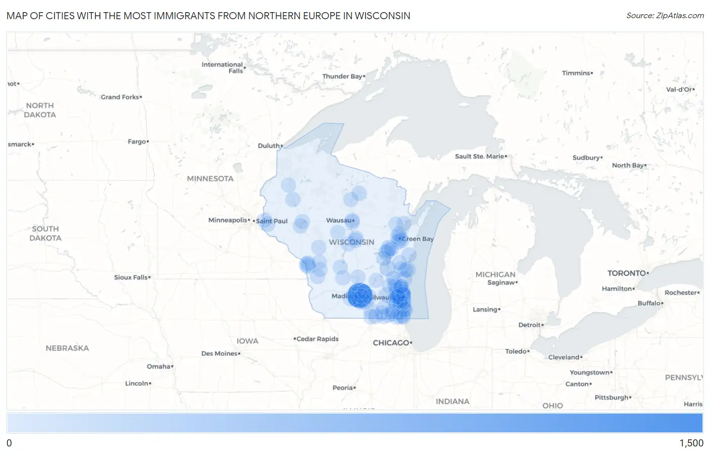 Cities with the Most Immigrants from Northern Europe in Wisconsin Map