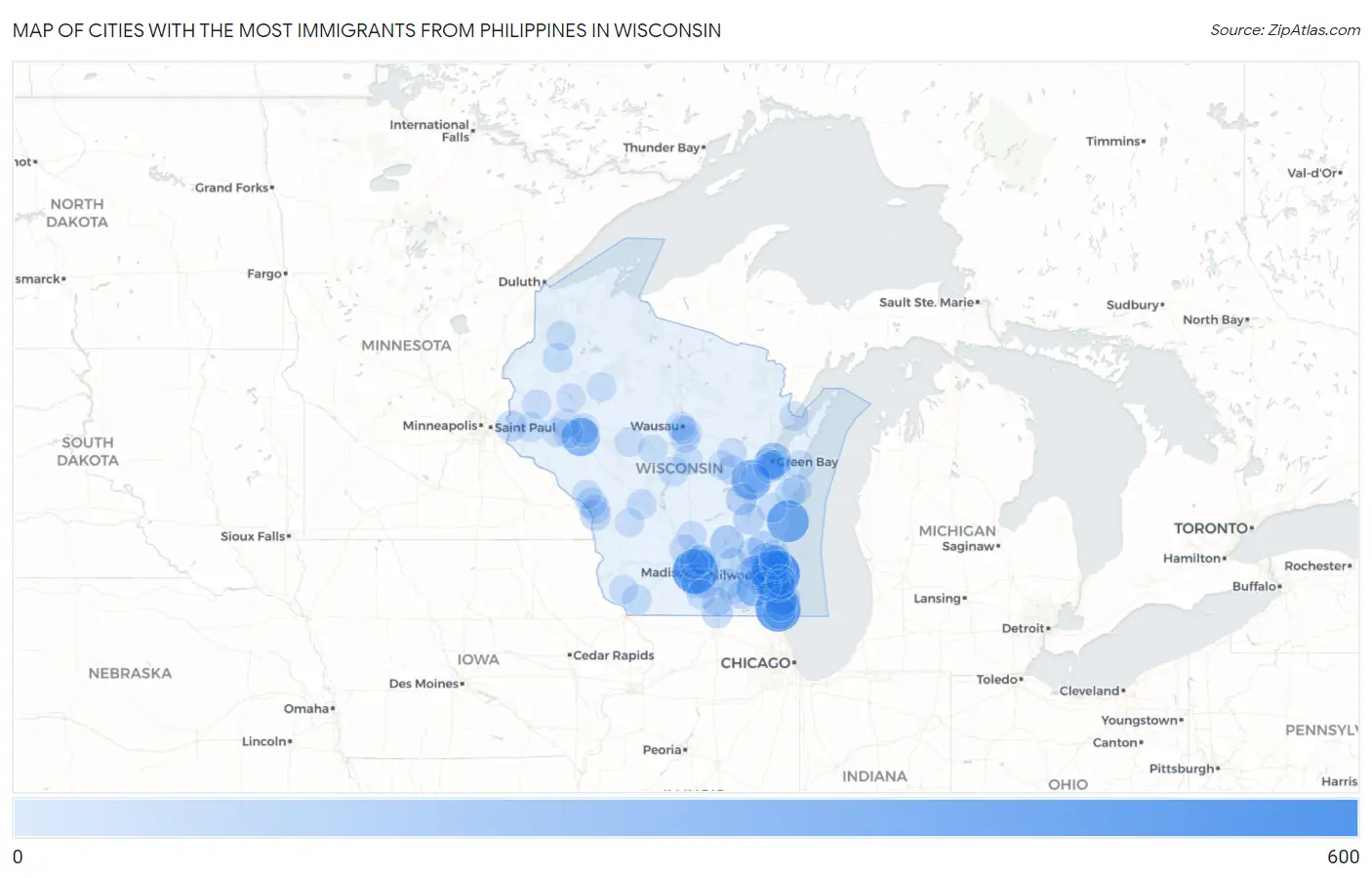 Cities with the Most Immigrants from Philippines in Wisconsin Map