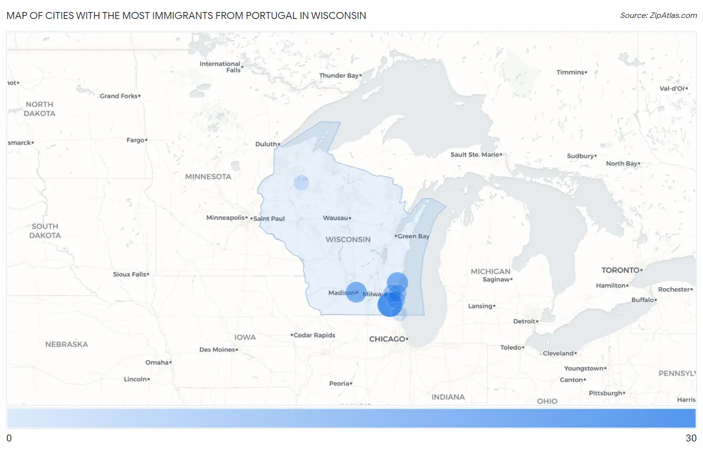 Cities with the Most Immigrants from Portugal in Wisconsin Map