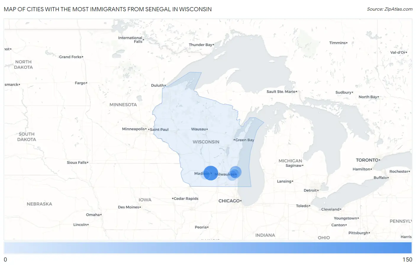 Cities with the Most Immigrants from Senegal in Wisconsin Map