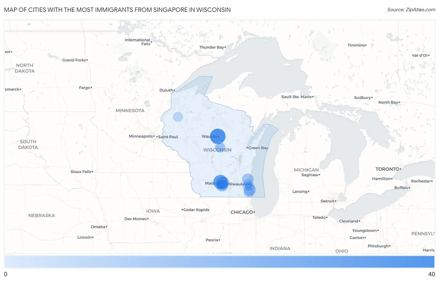Cities with the Most Immigrants from Singapore in Wisconsin Map