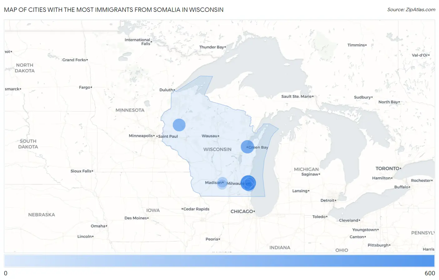 Cities with the Most Immigrants from Somalia in Wisconsin Map