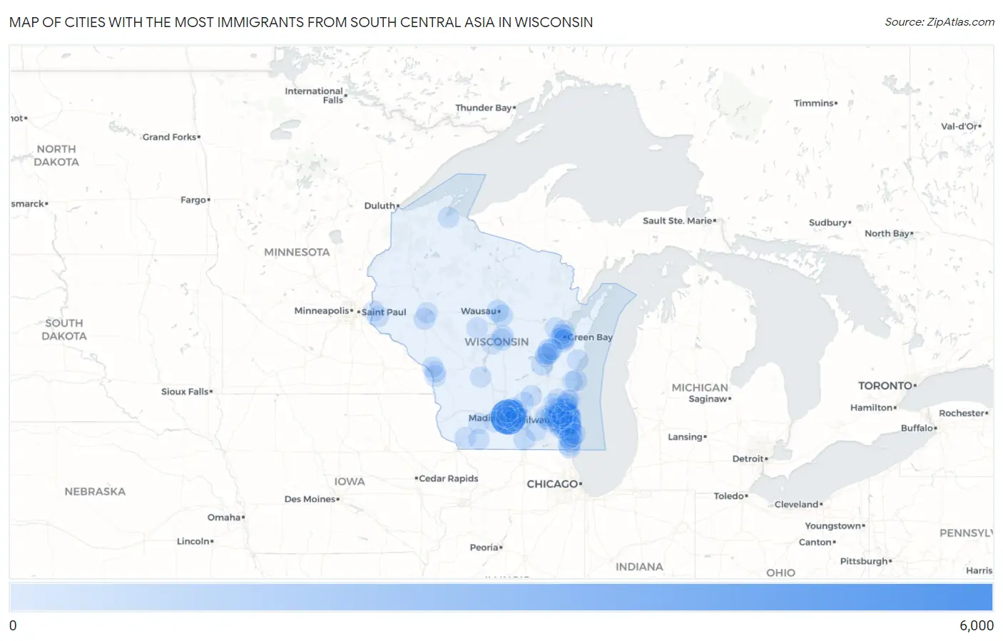 Cities with the Most Immigrants from South Central Asia in Wisconsin Map