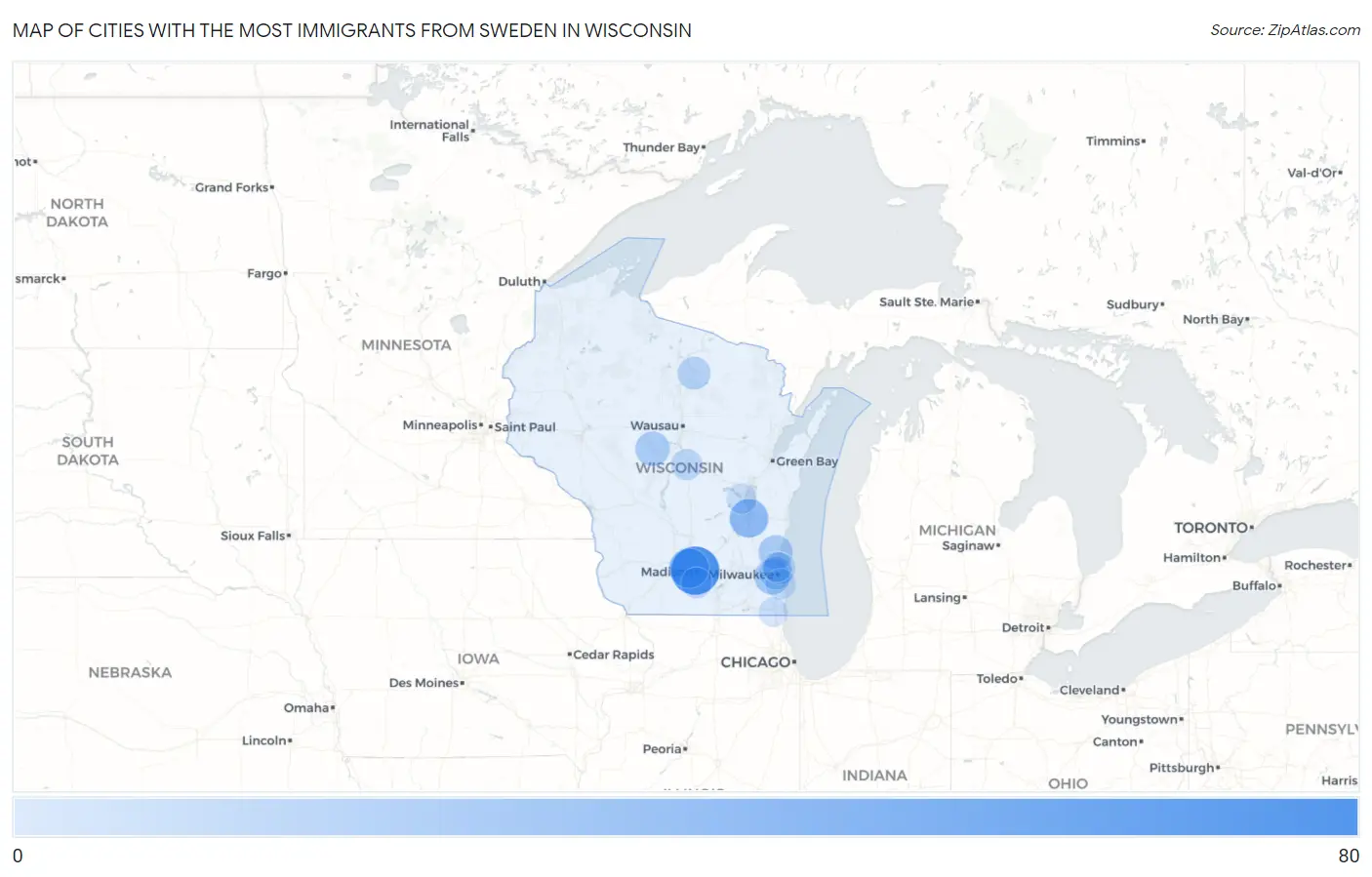Cities with the Most Immigrants from Sweden in Wisconsin Map