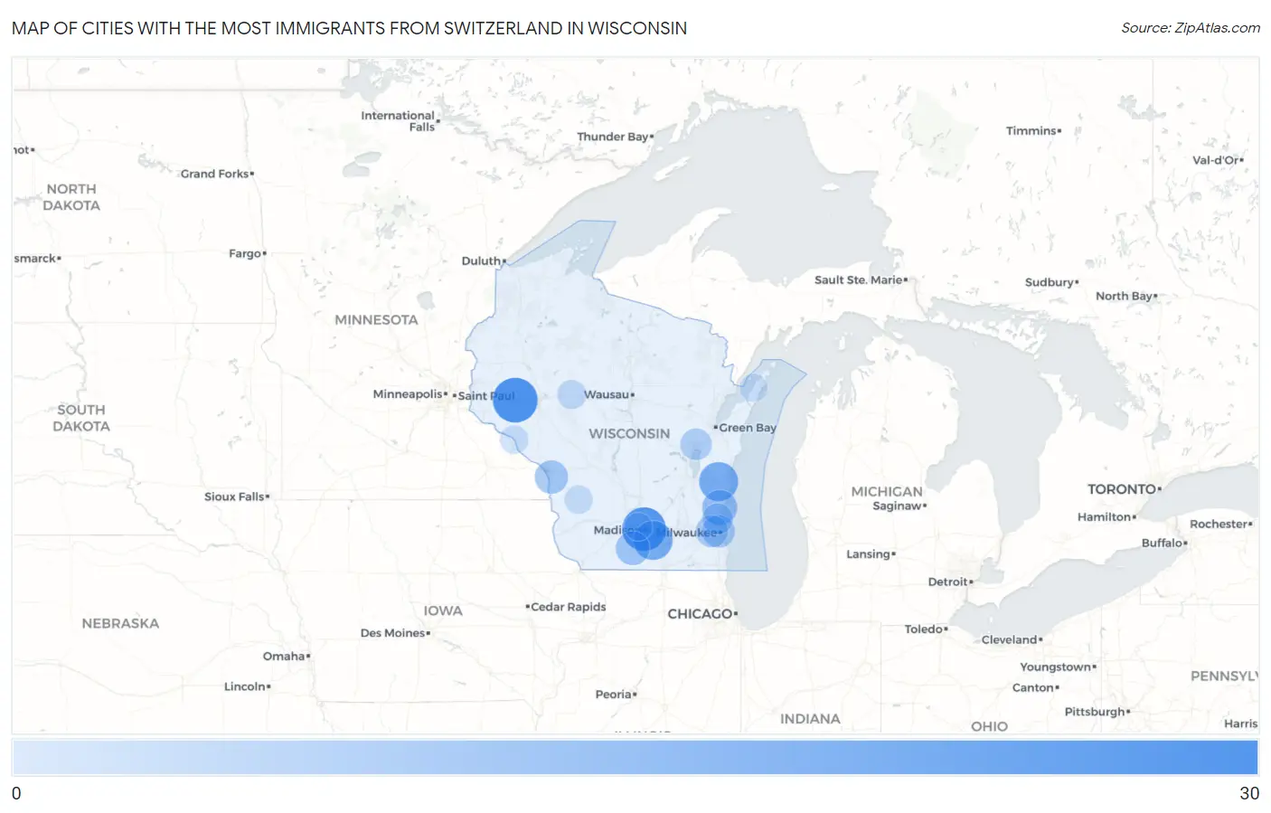 Cities with the Most Immigrants from Switzerland in Wisconsin Map