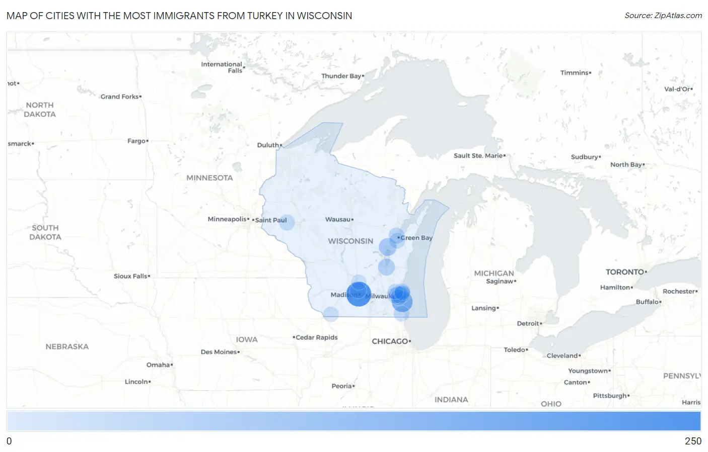Cities with the Most Immigrants from Turkey in Wisconsin Map